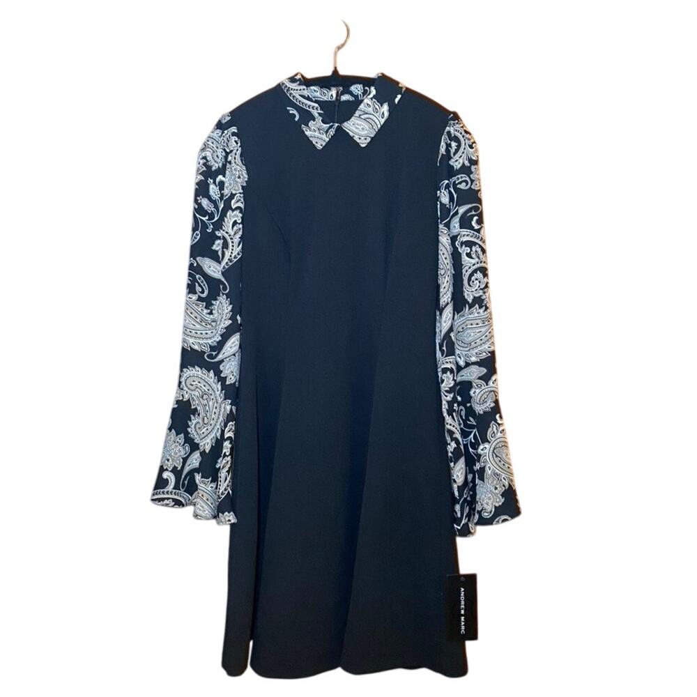 Andrew Marc - Black and Champagne Paisley Dress - Flare Sleeve - Size 4